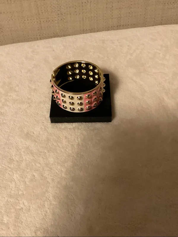 Pink Enamel Wide Bangle Bracelet with Silver Studs - Image 3