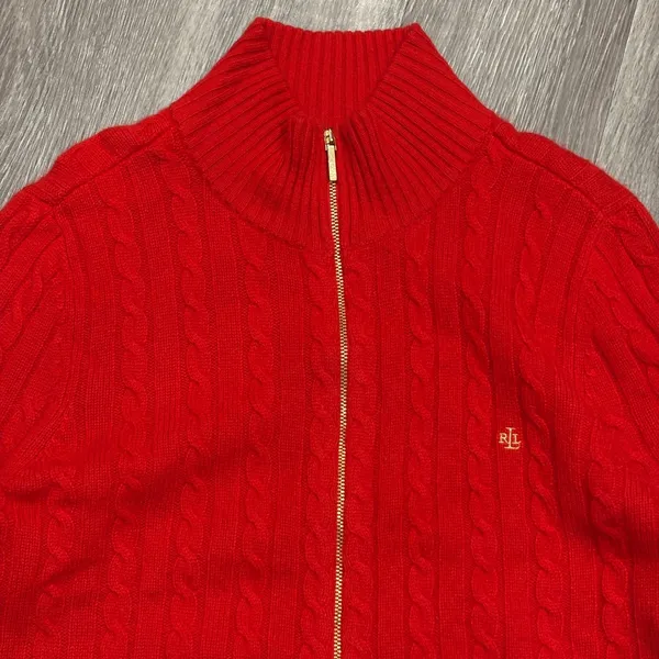 Ralph Lauren L-RL Red Cashmere Cable Knit Full Zip Cardigan Sweater 1X Preppy - Image 3