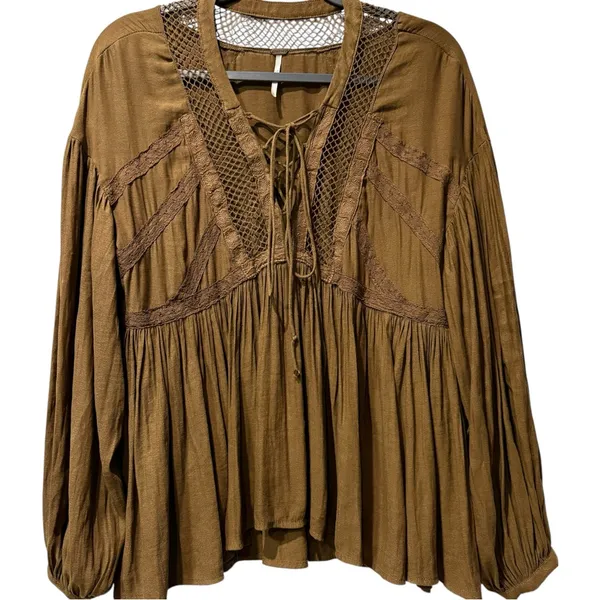 Free People Don't Let Go Brown Flowy Lace Up Balloon Sleeve‎ Boho Peasant Top S - Image 2