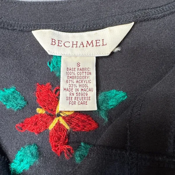 Bechamel Black Knit Button Christmas Cardigan Womens Small Poinsettia VTG FLAW‎ - Image 4