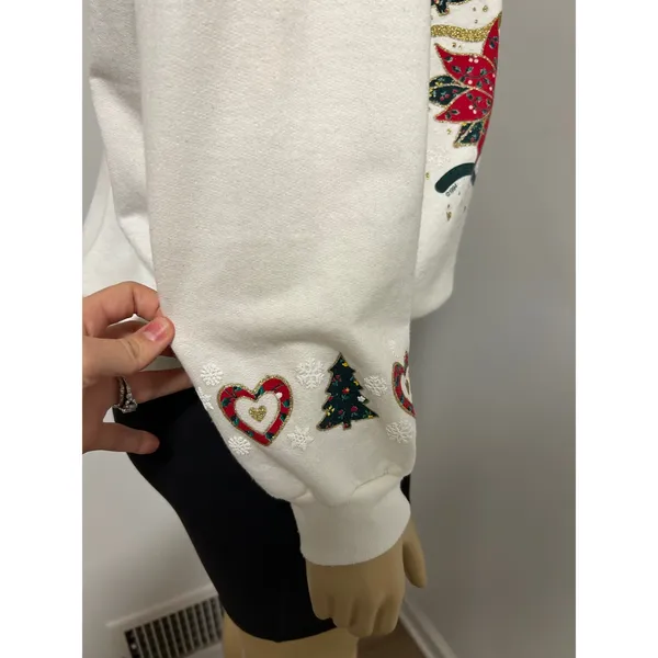 Vintage 90s NutCracker Christmas Sweatshirt White Reindeer Poinsettia Glitter M - Image 6