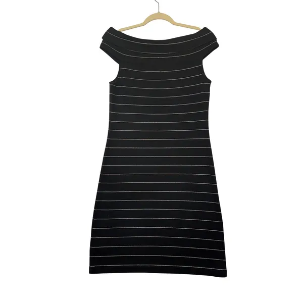 Lauren Ralph Lauren Black Metallic Striped Off Shoulder‎ Sheath Dress Womens M - Image 4