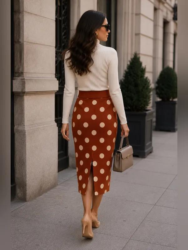 Rust Brown & Cream Polka Dot Knit Midi Skirt - Image 2