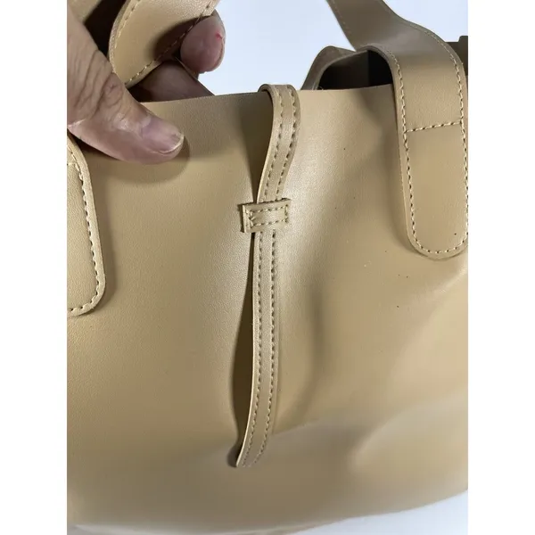 Beige Matte Tote Bag Drawstring Closure Double Handles Solid Medium Casual - Image 7