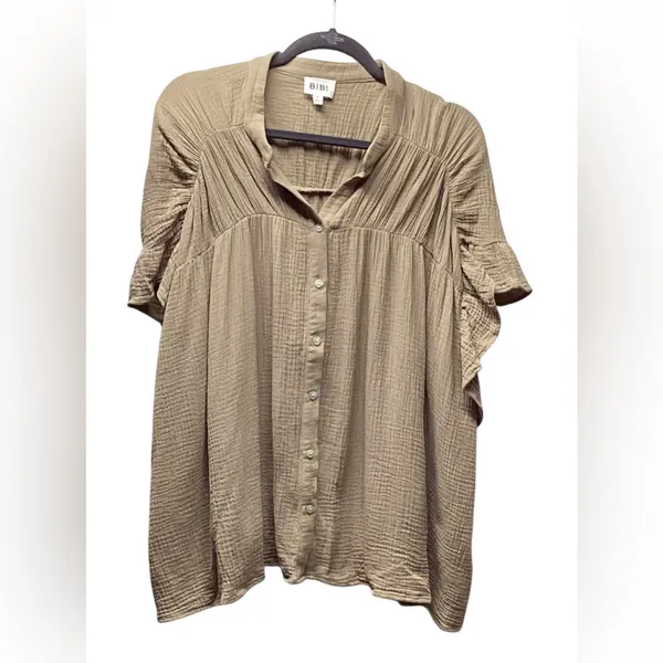 Bibi 100% Cotton gauze Babydoll Boho Chic Tunic Tan Size Medium - Image 4