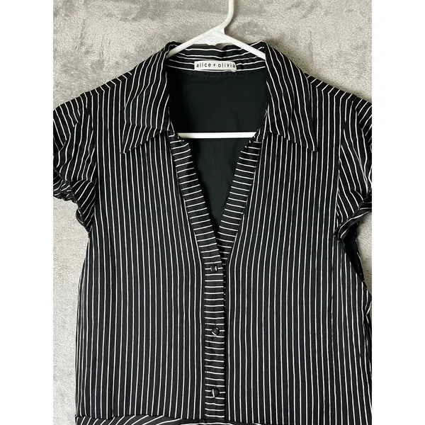 Alice + Olivia Moore Pinstripe Ruffle Shirt Dress Black White Size Small Office - Image 3