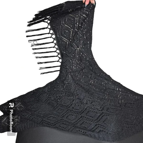 POL Black‎ Crochet Knit Fringe Sleeve Cardigan - Image 2