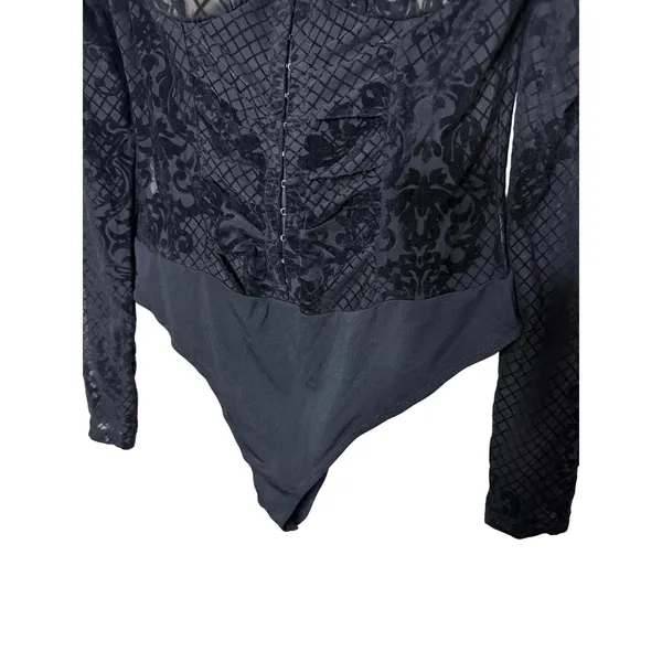 Windsor Black Flocked Velvet Mesh Corset Bodysuit Long Sleeve Square Neck Medium - Image 3