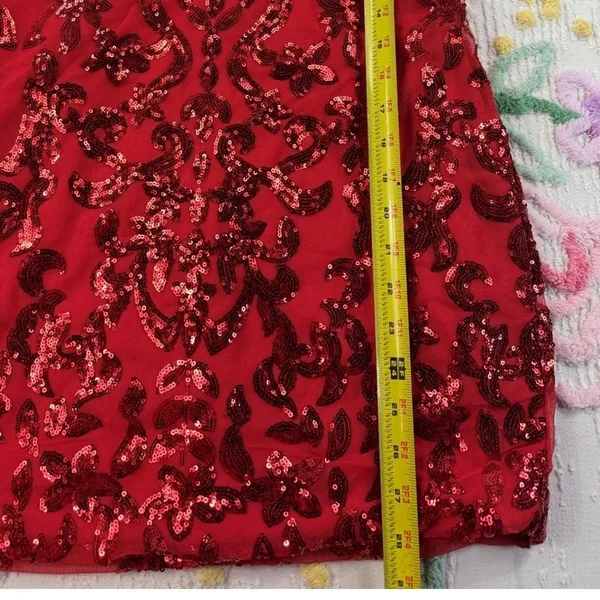 Pomuyoo Red Sequin Lace Up Back Mini Dress Party Cocktail Formal Gown 5y - Image 4
