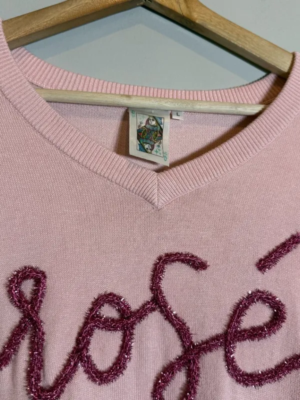 Queen Of Sparkles Rosé All Day Queen Knit Sweater Womens Large Pink Sequins Wine - Image 6