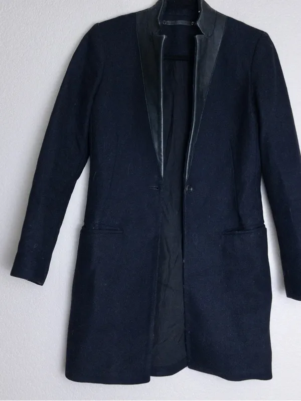 AllSaints Lorie Wool Long Coat 2 Ink Black Slim Fit Single Breasted Leather - Image 3