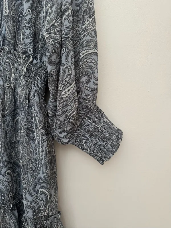 Lovestitch Paisley Boho Peasant Mini Dress Women’s Large Blue Gray Tassel NWT - Image 4