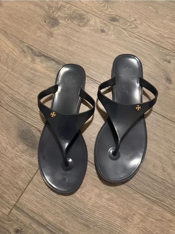 Tory Burch Navy Jelly Logo Thong Sandals with Gold Emblem - Image 3