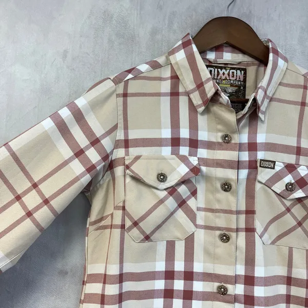 Dixxon Flannel Company The Burleigh Plaid Shirt Women Medium Tan‎ Red Minimalist - Image 6
