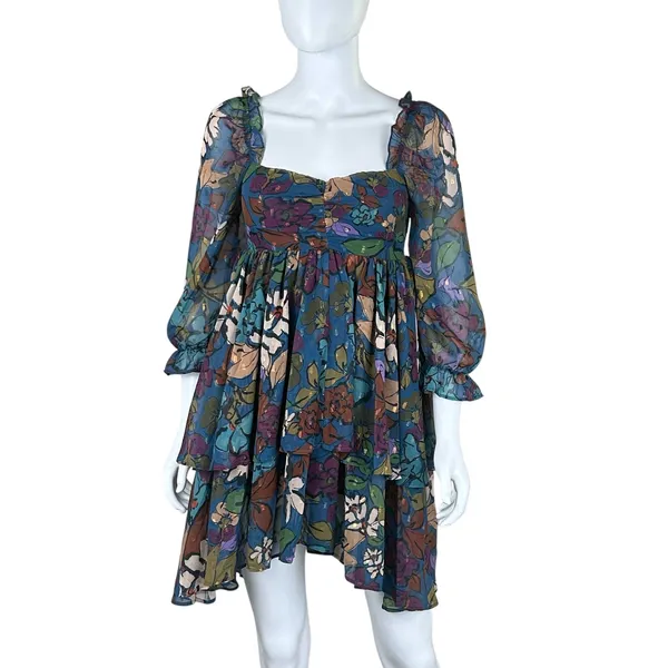Meet‎ me in Santorini Floral Babydoll Dress Square Neck Tiered Ruffle Sleeve XS - Image 3