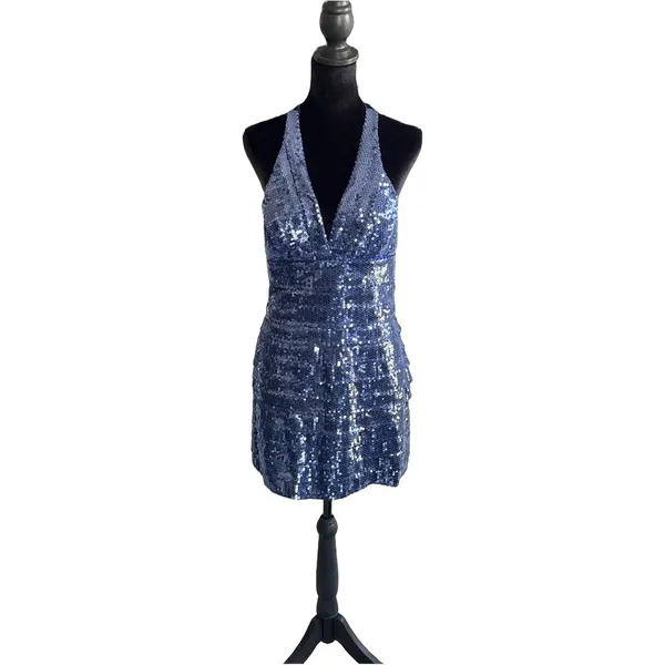 Y2K VTG Forever 21 Blue Sequin Halter Mini Dress Bodycon Cocktail Party Clubwear - Image 2