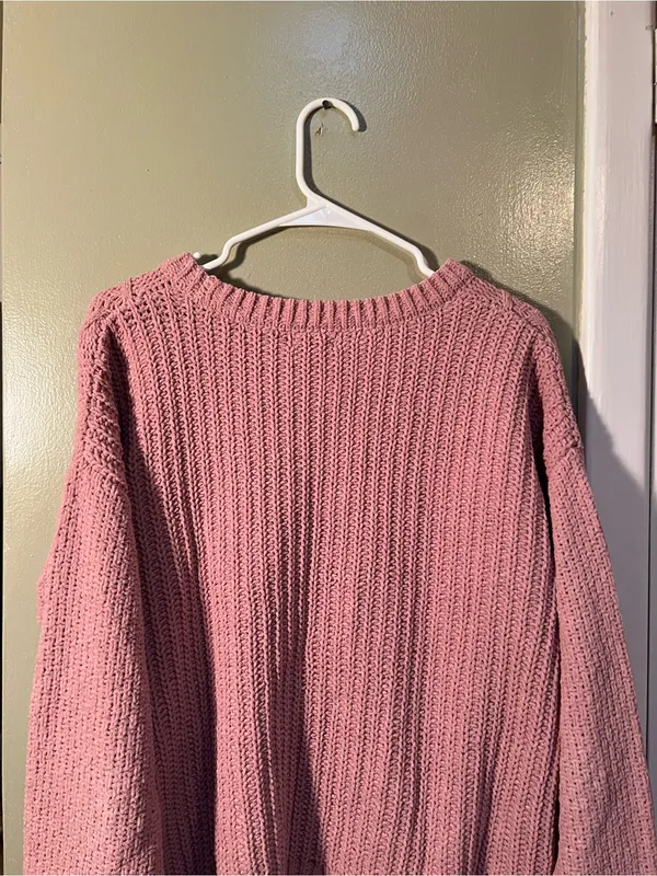 SO Womens Size Large Crewneck Sweater Chenille Light Pink Cable Knit Balloon Slv - Image 7