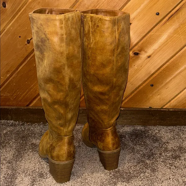 Unr8ed suede faux leather brown distressed heeled knee high boots - Image 6