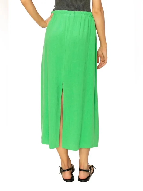 HYFVE Women’s Green Linen Blend Midi Skirt Drawstring Elastic Waist Flowy Casual - Image 2