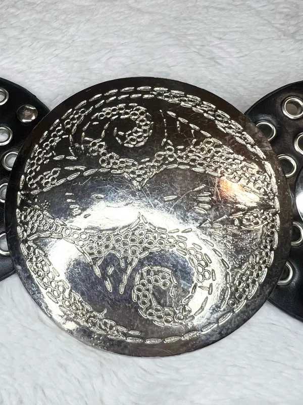 Vintage Black & Silver Faux Leather Boho Medallion Hip Belt Hammered Buckle - Image 2