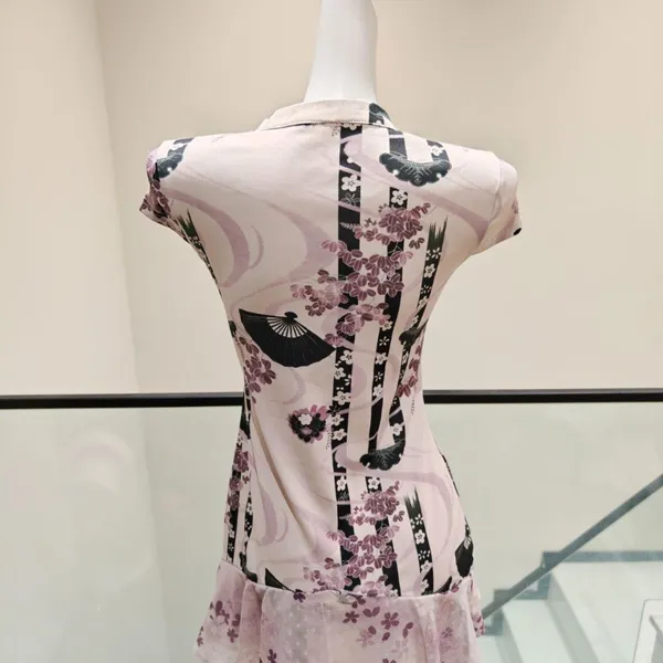 Women Anime Print Short Qipao Dress Mandarin Collar Cap Sleeve Keyhole Neck Ruffle Hem Slim Fit - Image 4
