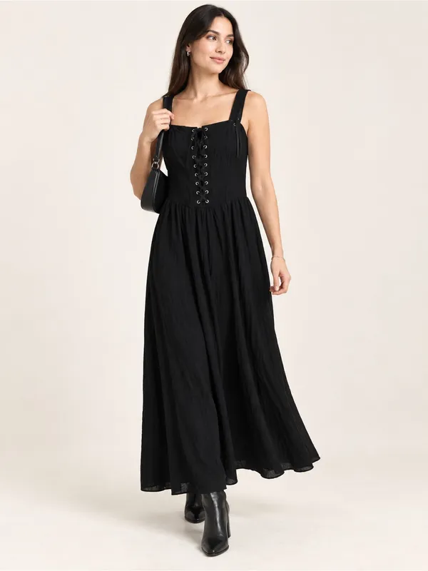 Scarlet Darkness Black Gothic Corset Midi Dress Boho Witchy Alt Festival Size M - Image 9
