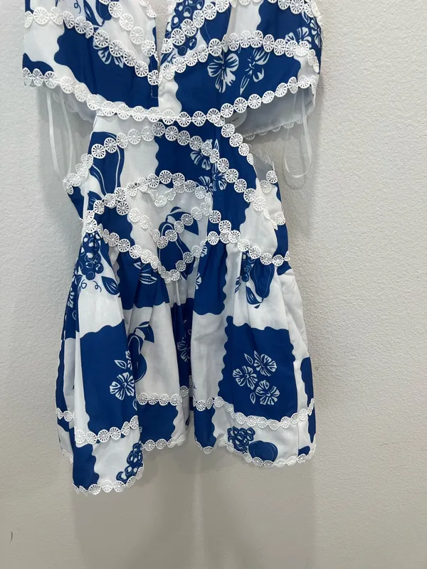 Blue and White Floral Lace Trim Mini Dress by Vintage Shop Size L - Image 5