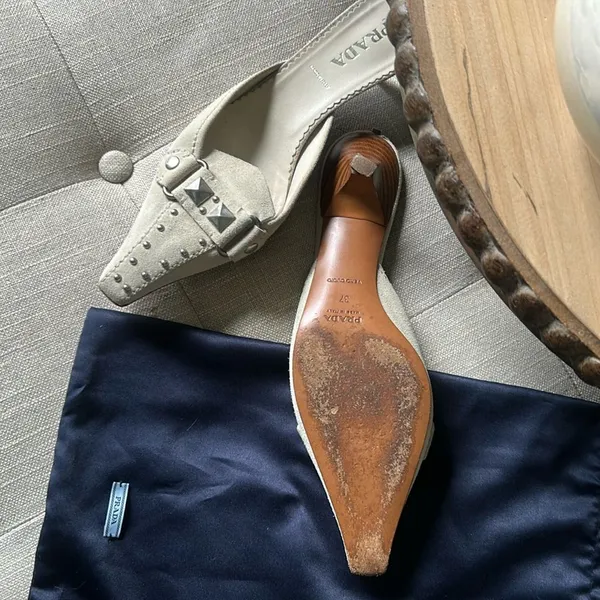 Prada Creme Suede Pointed Toe Kitten Heels Size 37.5 - Image 7