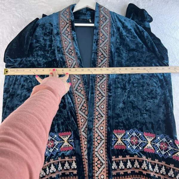 Boho Large L Crushed Velvet Kimono Embroidered Teal Open Front ANDREE By Unit - Image 10