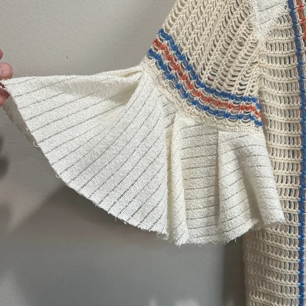 Free People Cream Knit Cropped Top with Blue and Orange Stripes - Image 7