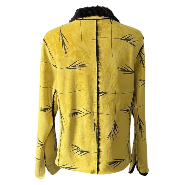 Robert Kitchen Faux‎ Suede Faux Fur Leaf Print Jacket Sz M Yellow Brown - Image 2