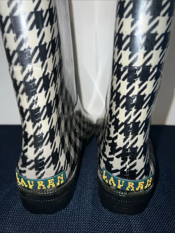 Lauren Ralph Lauren Black and White Houndstooth Knee-High Rain Boots Size 8B - Image 4