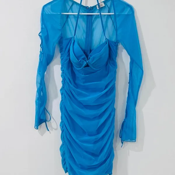 Oh Polly Blue Ruched Mesh Mini Dress US 6 Y2K Bodycon Sheer Sleeve Party - Image 3