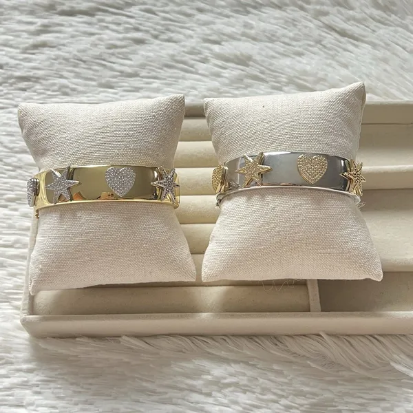 ⁠Silver Ton Star & Heart Hinged Cuff Bracelet Pave Rhinestone Statement Jewelry⁠ - Image 3