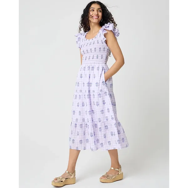 J.Crew Tall Ruffle Sleeve Smocked Midi Dress Printed Cotton A Line Large NWT - Image 2
