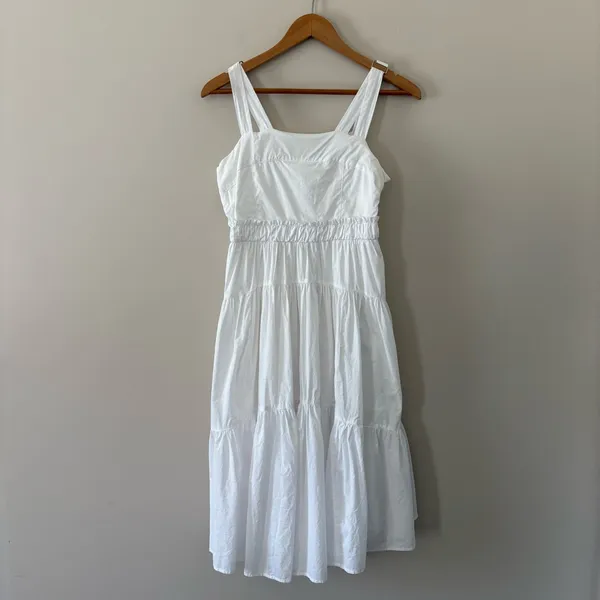 Pinch Tiered Midi Dress Cotton Poplin Sundress Pockets‎ Sleeveless White Size L - Image 11