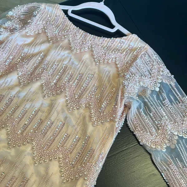 Peach Pink Beaded Sequin‎ High Low Formal Dress Long Sleeve Pearl Detail Gown - Image 5