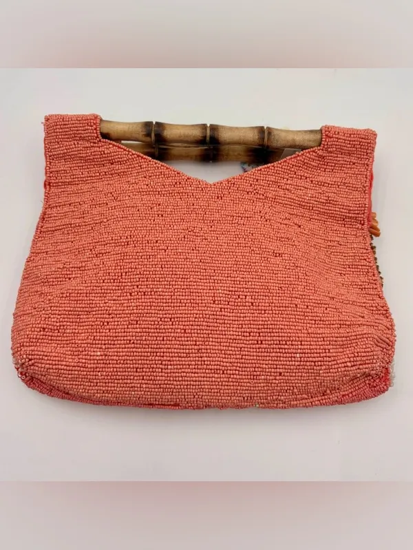 Handcrafted India Beaded Sequin Bamboo Handle Handbag Pink Coral Gold NEW - Image 4