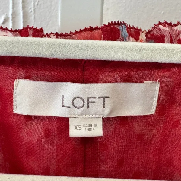 Loft Red Floral‎ Swiss Dot Midi Dress Long Sleeve Button Front V-Neck XS Red - Image 7