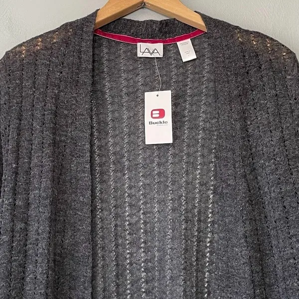 LAVA Size Large Gray Lightweight Pointelle Long Minimalist Duster Cardigan - Image 4