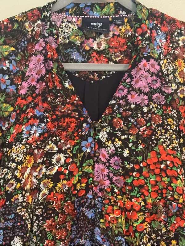 ANTHROPOLOGIE Maeve Melinda Tiered Tunic Dress XS 18.5” p2p Black Multi EUC - Image 4