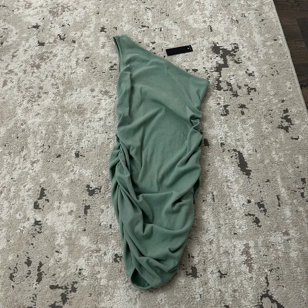Lulus Side and Seek Sage Green Ribbed One-Shoulder Ruched Mini Dress Size XL - Image 3