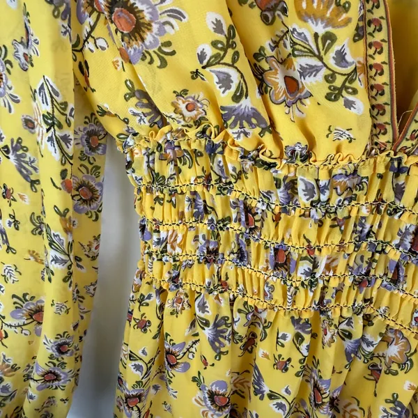 Max Studio Yellow Floral Smocked V-Neck‎ Mini Dress Cottage Boho Feminine Spring - Image 3