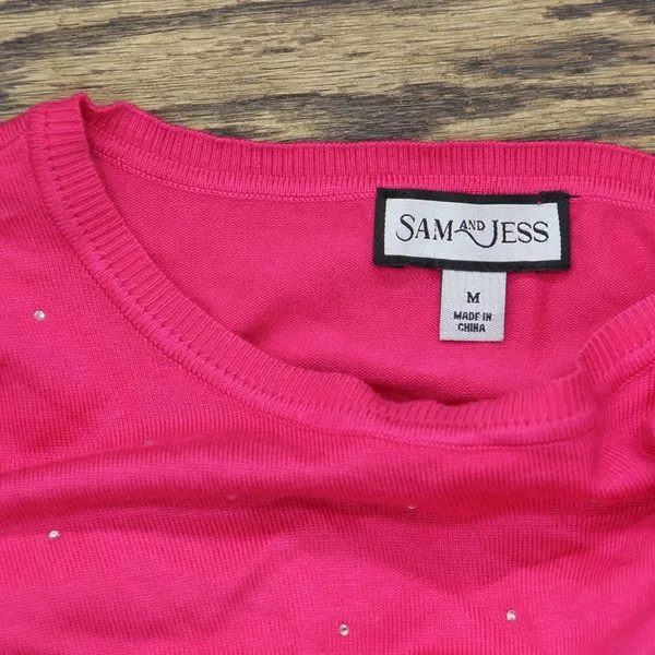NWT Sam & Jess Short-Sleeve Embellished Sweater TA93148768AS Electric Pink M - Image 8
