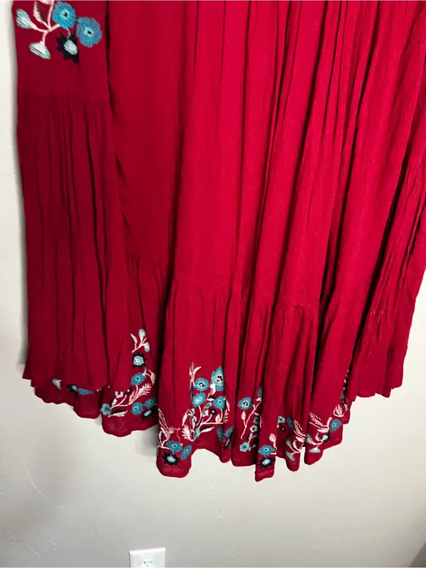 Free People Te‎ Amo Red Blue Floral Embroidered V Neck Babydoll Mini Dress - Image 12