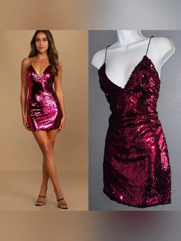 Lulus Women's Pink Sequin Spaghetti Strap Mini V-Neck Sexy Dress Small - Image 2