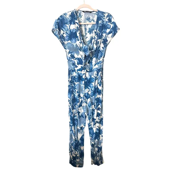 ZARA Floral Tie Front Linen Blend Jumpsuit Blue Small‎ - Image 2