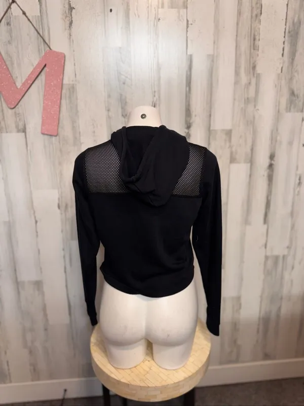 GUESS Los Angeles Black Cropped Hoodie Womens Medium Fishnet Mesh Yoke Pullover - Image 2