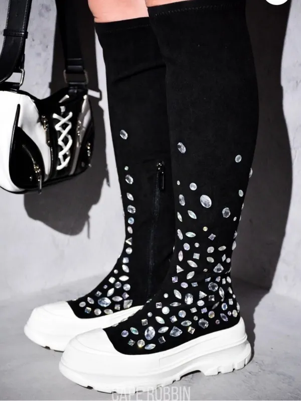 Cape Robbin Black Knee-High Platform Boots with White Soles and Silver Studs - Image 3