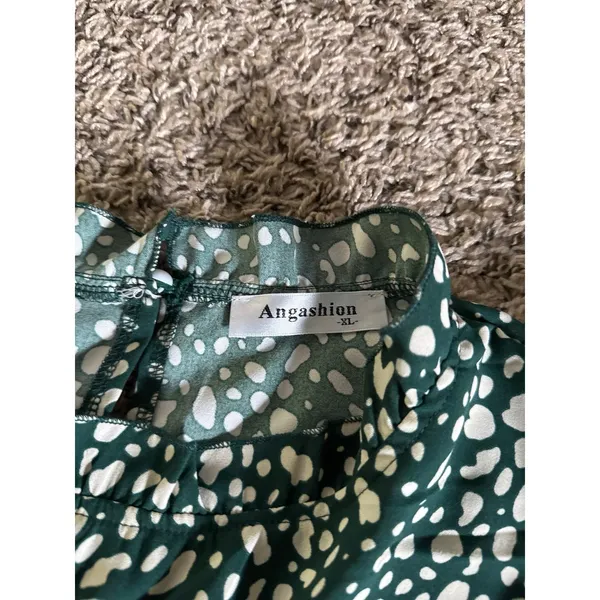 Angashion Women's Green‎ White Ruffle Short Sleeve Blouse Size XL - Image 4